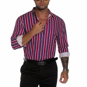Men's URRU Casual Button Down Shirt Striped Long Sleeve Small Navy Blue Wine Red